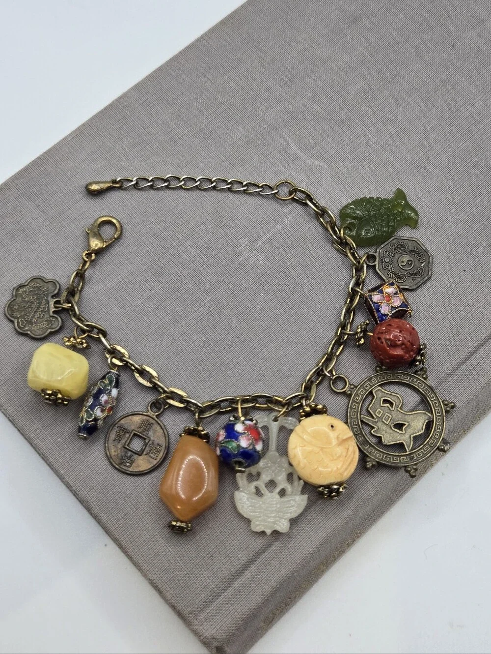 Vintage Green Brown Fairy Chinese charm bracelet 8" Chinoiserie Fish Cloisonne - Picture 1 of 10